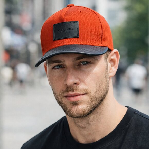 Coach Colorblock Flat Brim Cap F86475 Orange Black Leather Trim Strapback Hat - Picture 2 of 12